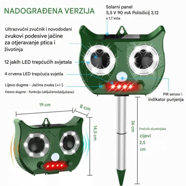 Solarni ultrazvučni rasterivač ptica i životinja – model s LED svetlima