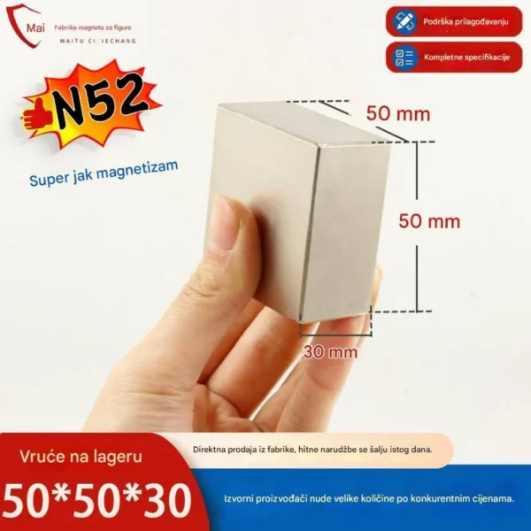 N52 Neodijumski Magnet Blok 50×50×30 mm – Ultra Jak Industrijski Magnet